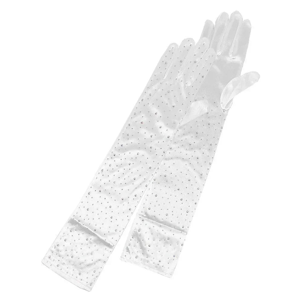 White Stone Embellished Dressy Satin Long Wedding Gloves - Jewelry Store by Erik Rayo