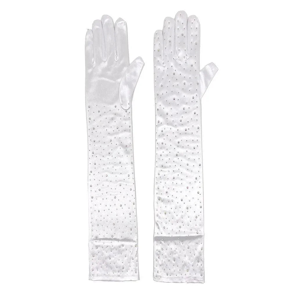 White Stone Embellished Dressy Satin Long Wedding Gloves - Jewelry Store by Erik Rayo