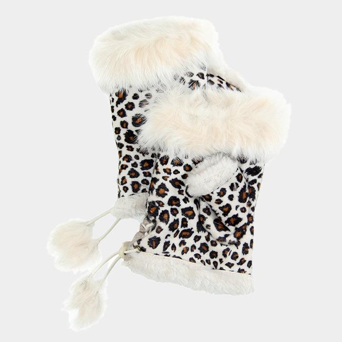 Ivory Leopard Fingerless Fur Trim Gloves - Jewelry Store by Erik Rayo