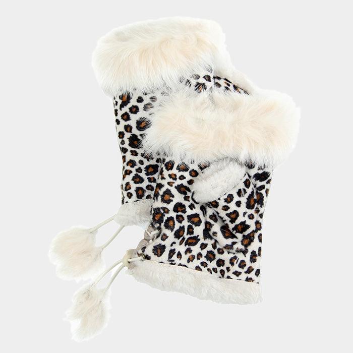 Ivory Leopard Fingerless Fur Trim Gloves