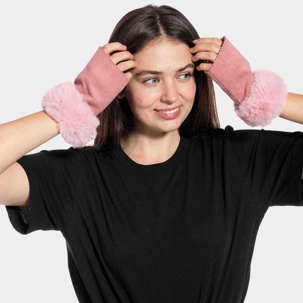 Pink Faux Fur Cuff Knit Fingerless Gloves - Jewelry Store by Erik Rayo