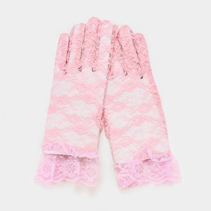 Pink Dressy Floral Lace Wedding Gloves