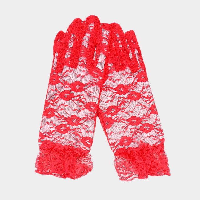 Red Dressy Floral Lace Wedding Gloves