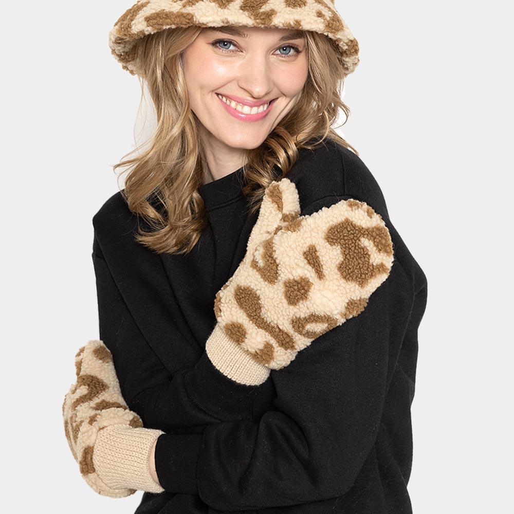 Beige Leopard Teddy Pop-Top Mitten Gloves - Jewelry Store by Erik Rayo