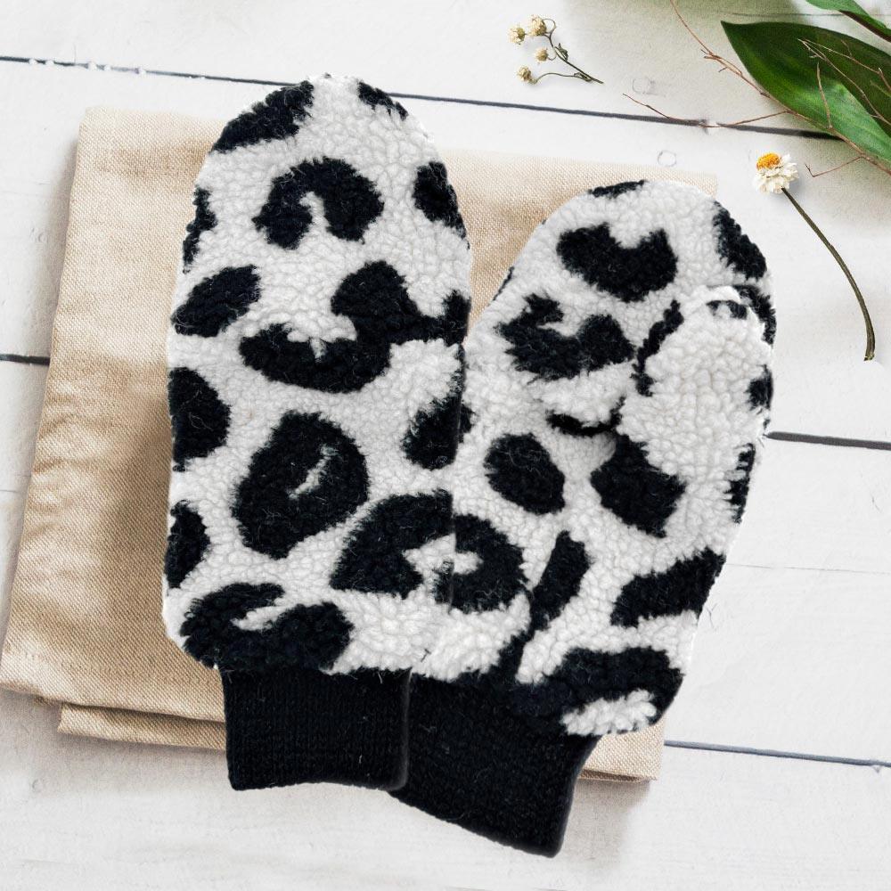 White Leopard Teddy Pop-Top Mitten Gloves - Jewelry Store by Erik Rayo