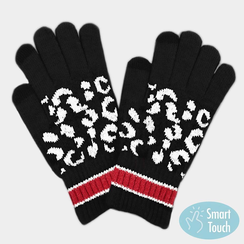 Black Leopard Patterned Striped Cuff Knit Smart Gloves