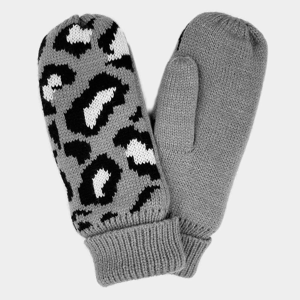 Gray Leopard Patterned Mitten Fleece Lining Gloves