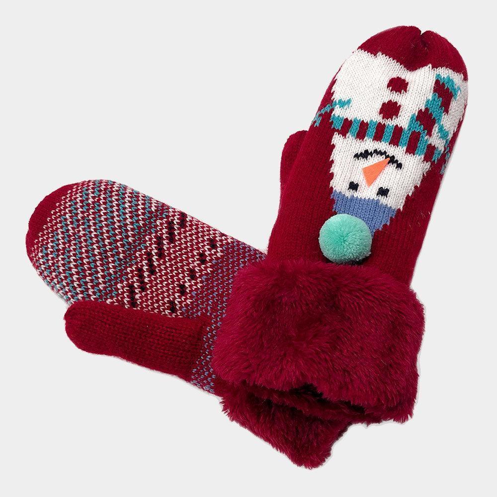 Red Snowman Printed Faux Fur Mitten Gloves - Jewelry Store by Erik Rayo