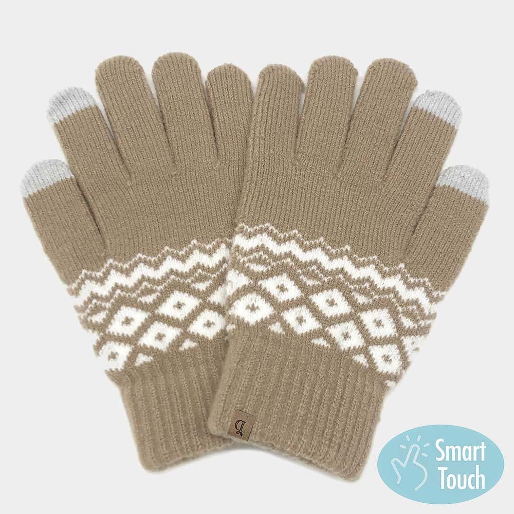 Beige Geometric Patterned Knit Smart Gloves - Jewelry Store by Erik Rayo