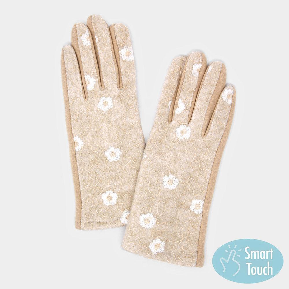 Beige Embroidery Flower Stitches Smart Gloves - Jewelry Store by Erik Rayo