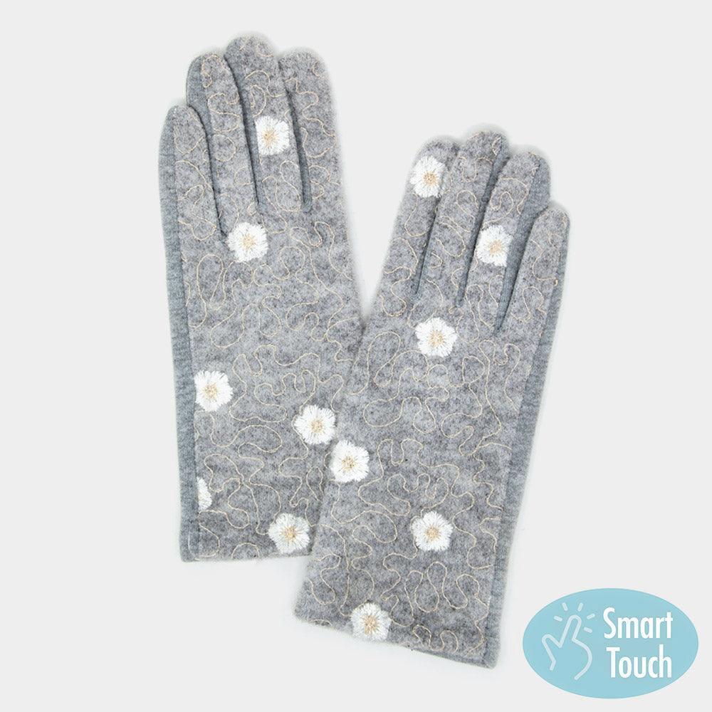 Gray Embroidery Flower Stitches Smart Gloves - Jewelry Store by Erik Rayo