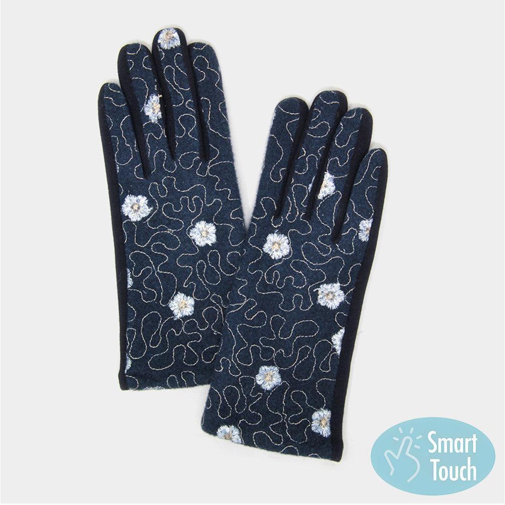Navy Embroidery Flower Stitches Smart Gloves - Jewelry Store by Erik Rayo