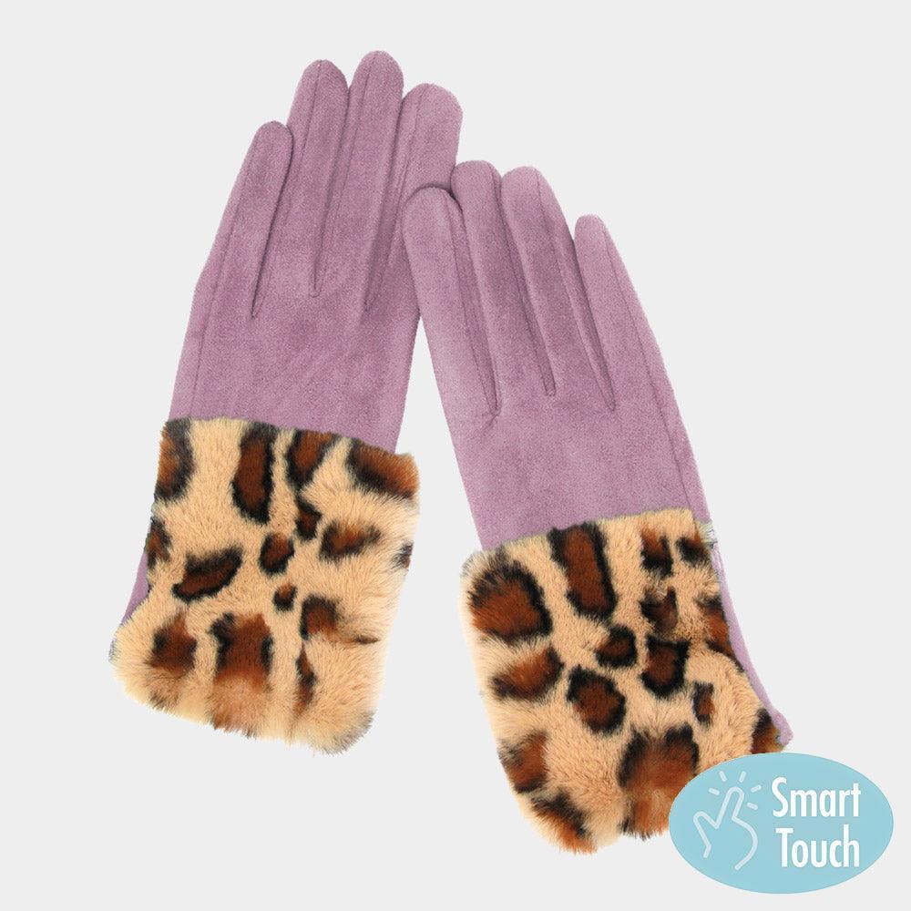 Pink Leopard Patterned Faux Fur Cuff Accented Soft Suede Smart Gloves - Jewelry Store by Erik Rayo