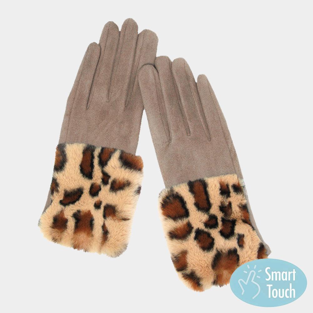 Taupe Leopard Patterned Faux Fur Cuff Accented Soft Suede Smart Gloves - Jewelry Store by Erik Rayo
