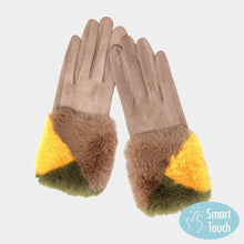Load image into Gallery viewer, Taupe Color Block Faux Fur Cuff Accented Soft Suede Smart Gloves
