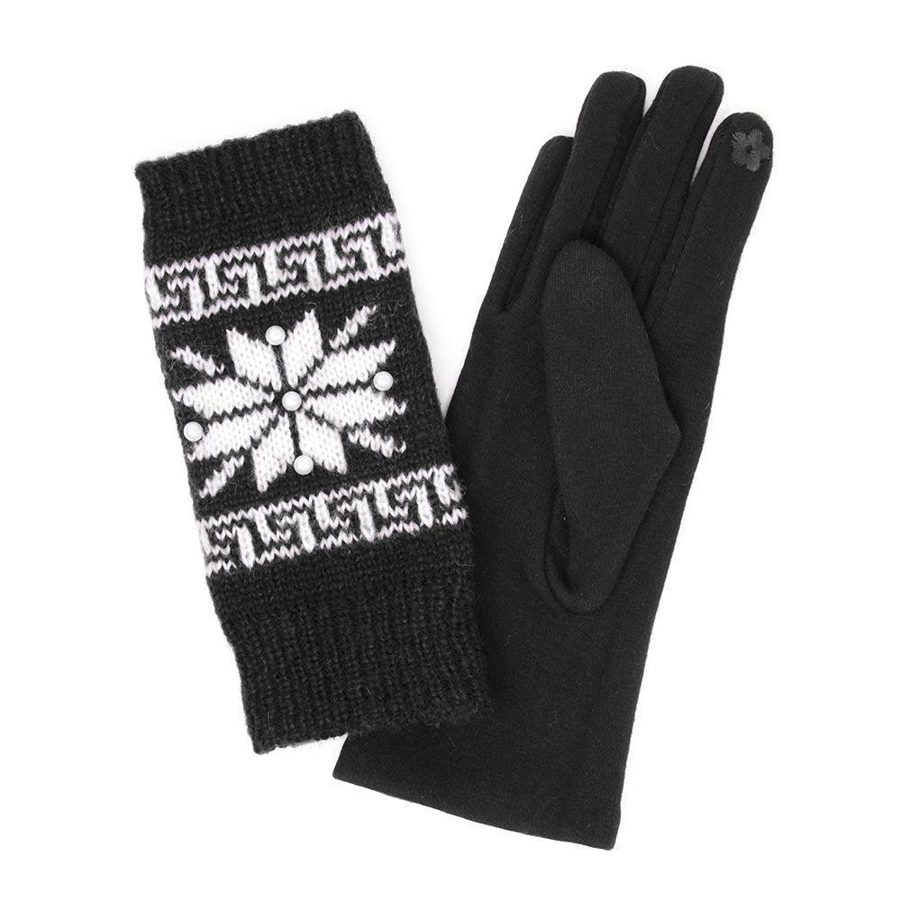 Black 3 in 1 Functional Knitted Snowflake Pearl Accented Smart Gloves - Jewelry Store by Erik Rayo