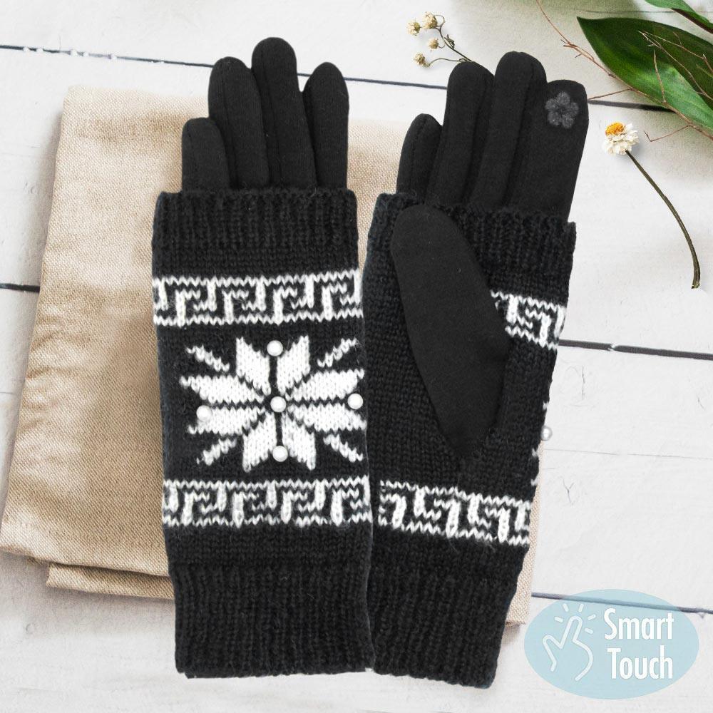 Black 3 in 1 Functional Knitted Snowflake Pearl Accented Smart Gloves - Jewelry Store by Erik Rayo