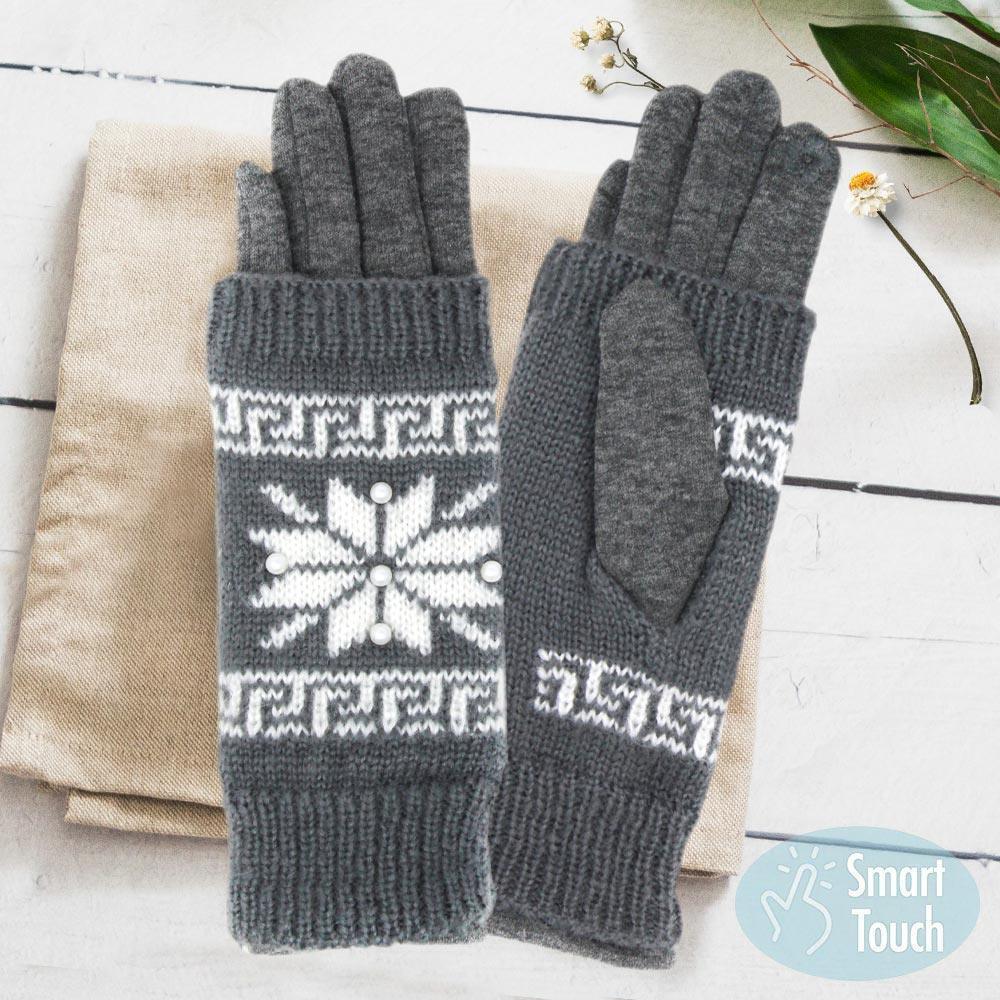 Charcoal 3 in 1 Functional Knitted Snowflake Pearl Accented Smart Gloves