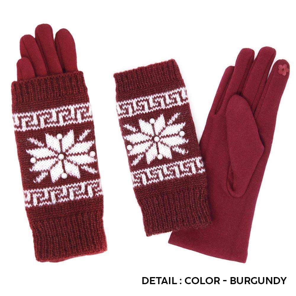 Navy 3 in 1 Functional Knitted Snowflake Pearl Accented Smart Gloves - Jewelry Store by Erik Rayo