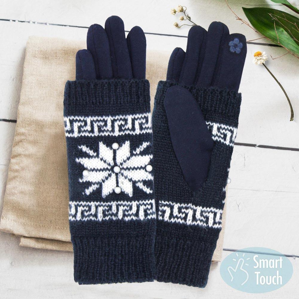 Navy 3 in 1 Functional Knitted Snowflake Pearl Accented Smart Gloves - Jewelry Store by Erik Rayo