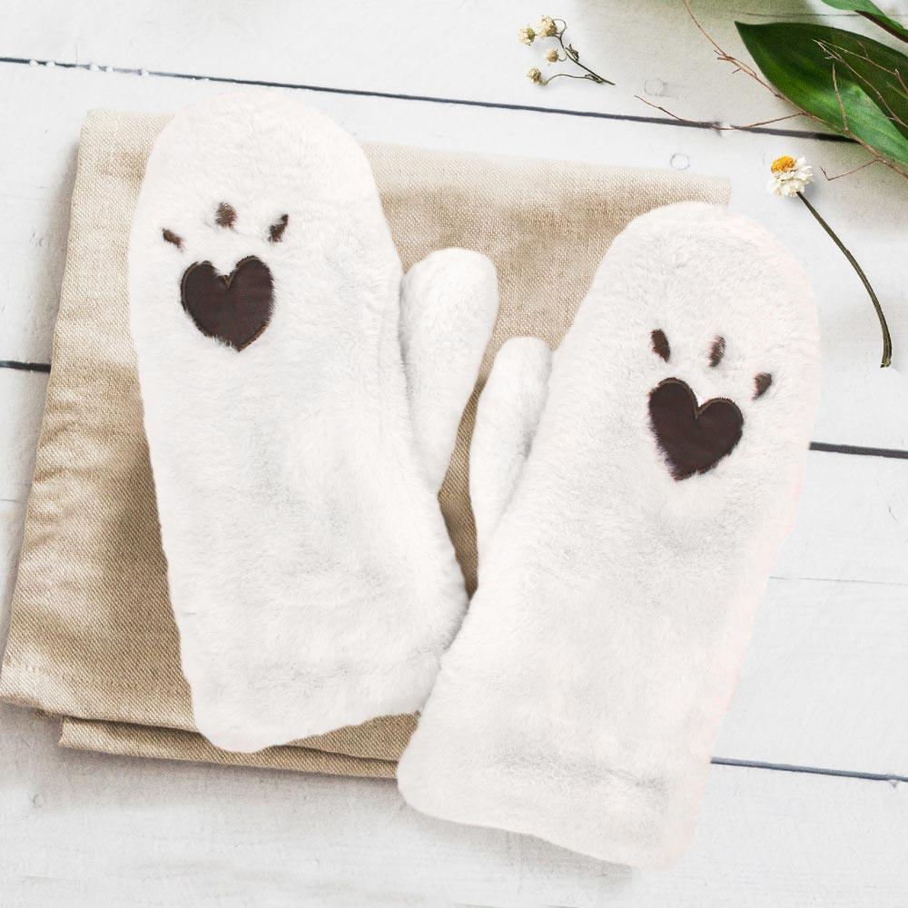 White Plush Faux Fur Heart Paw Mitten Gloves - Jewelry Store by Erik Rayo