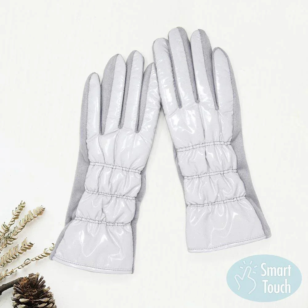 Gray Glittered Shiny Padded Puffer Smart Gloves - Jewelry Store by Erik Rayo