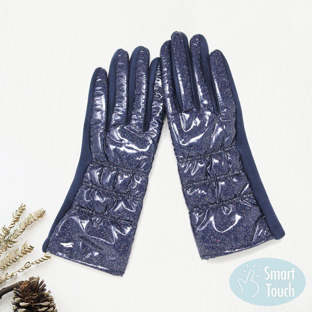 Navy Glittered Shiny Padded Puffer Smart Gloves - Jewelry Store by Erik Rayo