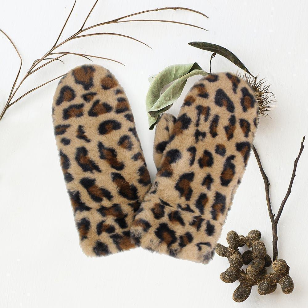 Brown Leopard Patterned Faux Fur Lining Mitten Gloves - Jewelry Store by Erik Rayo