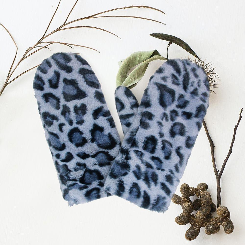 Gray Leopard Patterned Faux Fur Lining Mitten Gloves - Jewelry Store by Erik Rayo