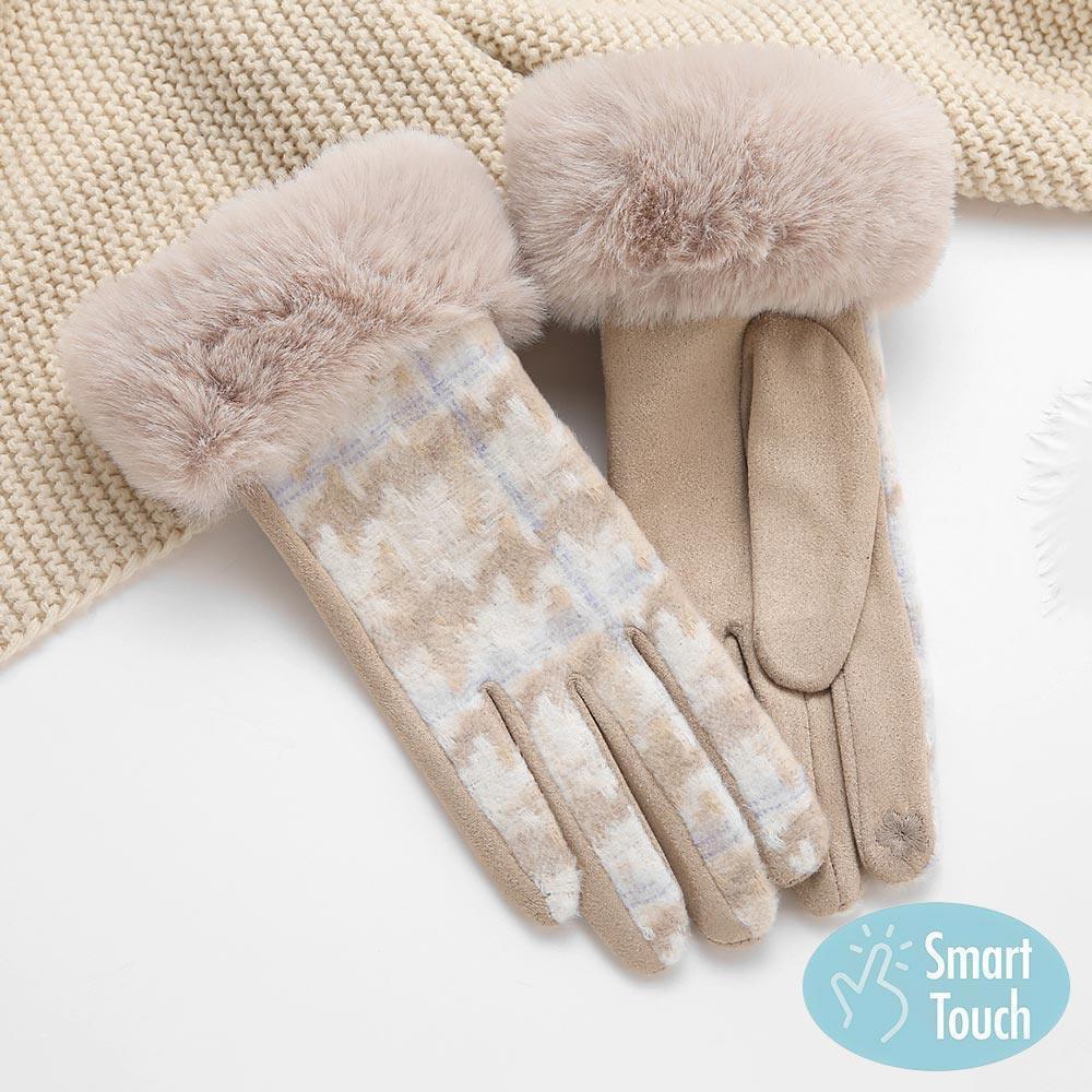 Beige Big Houndtooth With Faux Fur Smart Touch Gloves - Jewelry Store by Erik Rayo