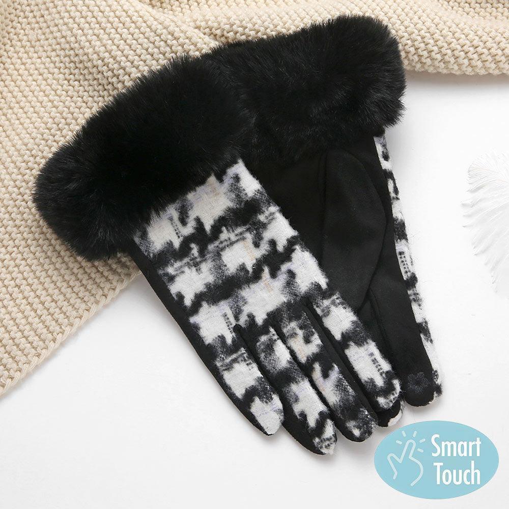 Black Big Houndtooth With Faux Fur Smart Touch Gloves - Jewelry Store by Erik Rayo