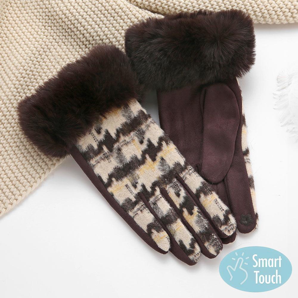 Brown Big Houndtooth With Faux Fur Smart Touch Gloves - Jewelry Store by Erik Rayo
