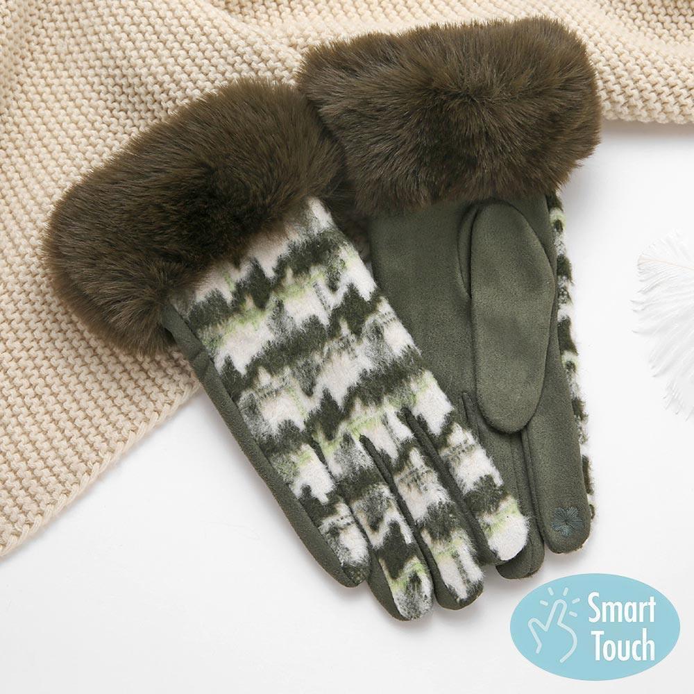 Green Big Houndtooth With Faux Fur Smart Touch Gloves - Jewelry Store by Erik Rayo