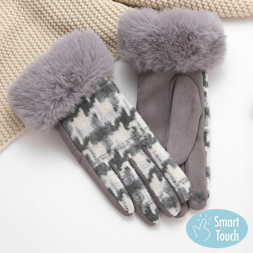 Gray Big Houndtooth With Faux Fur Smart Touch Gloves - Jewelry Store by Erik Rayo