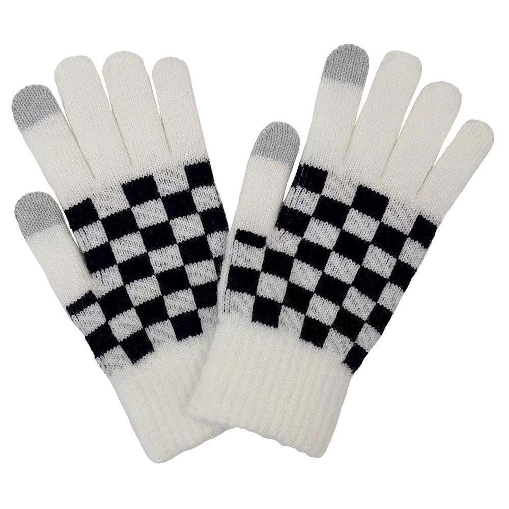 Ivory Checkerboard Patterned Smart Touch Gloves - Jewelry Store by Erik Rayo