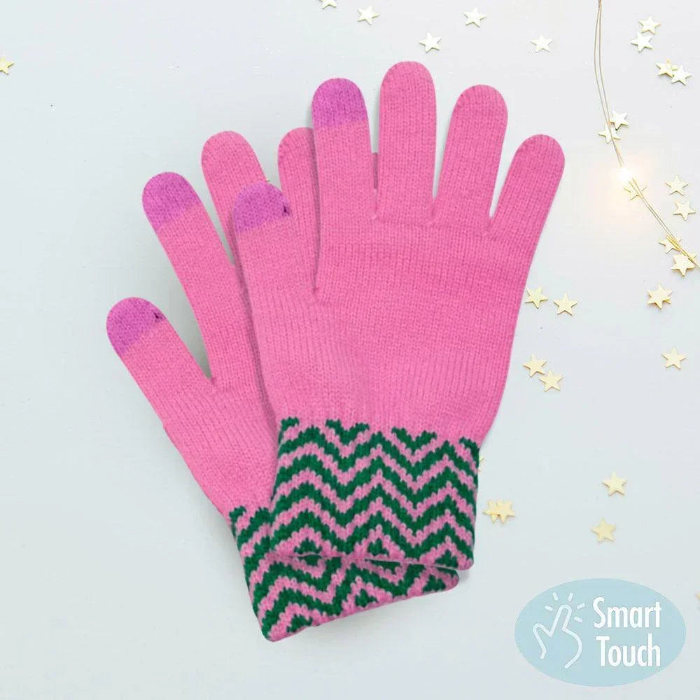 Pink Zigzag Chevron Patterned Touch Smart Gloves - Jewelry Store by Erik Rayo