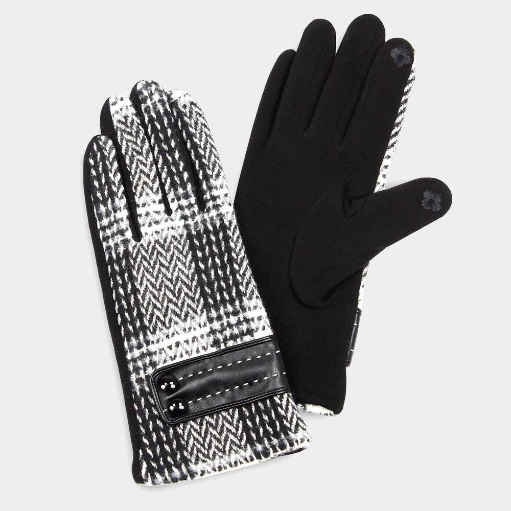 Black HERRINGBON WOVEN  BUTTON GLOVES