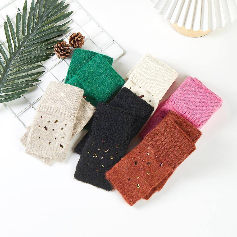 Beige Bling Stone Embellished Knit Fingerless Gloves - Jewelry Store by Erik Rayo