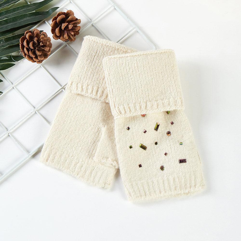 Beige Bling Stone Embellished Knit Fingerless Gloves - Jewelry Store by Erik Rayo