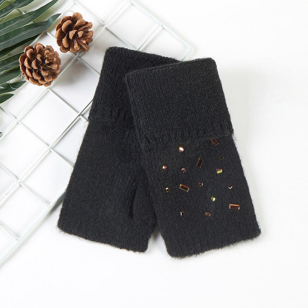 Black Bling Stone Embellished Knit Fingerless Gloves - Jewelry Store by Erik Rayo
