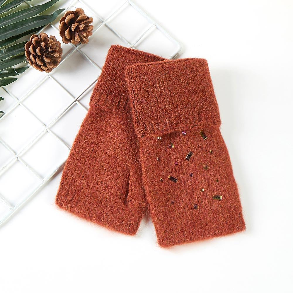 Brown Bling Stone Embellished Knit Fingerless Gloves - Jewelry Store by Erik Rayo