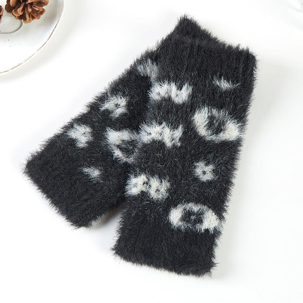 Black Leopard Patterned Faux Fur Fingerless Gloves / Wrist Warmer - Jewelry Store by Erik Rayo