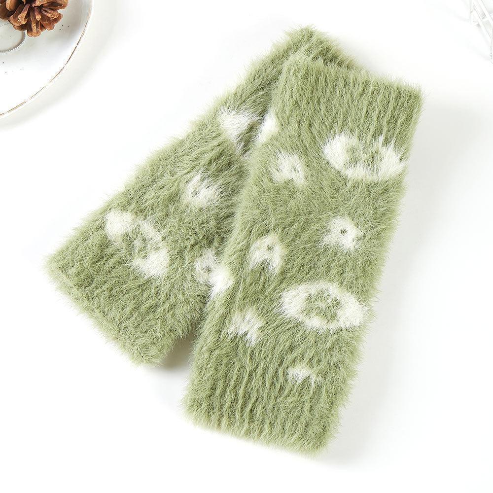 Olive Green Leopard Patterned Faux Fur Fingerless Gloves / Wrist Warmer - Jewelry Store by Erik Rayo