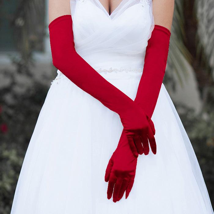 Burgundy Dressy Satin Long Wedding Gloves