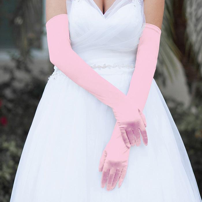 Pink Dressy Satin Long Wedding Gloves