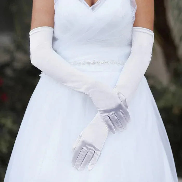 White Dressy Satin Long Wedding Gloves - Jewelry Store by Erik Rayo