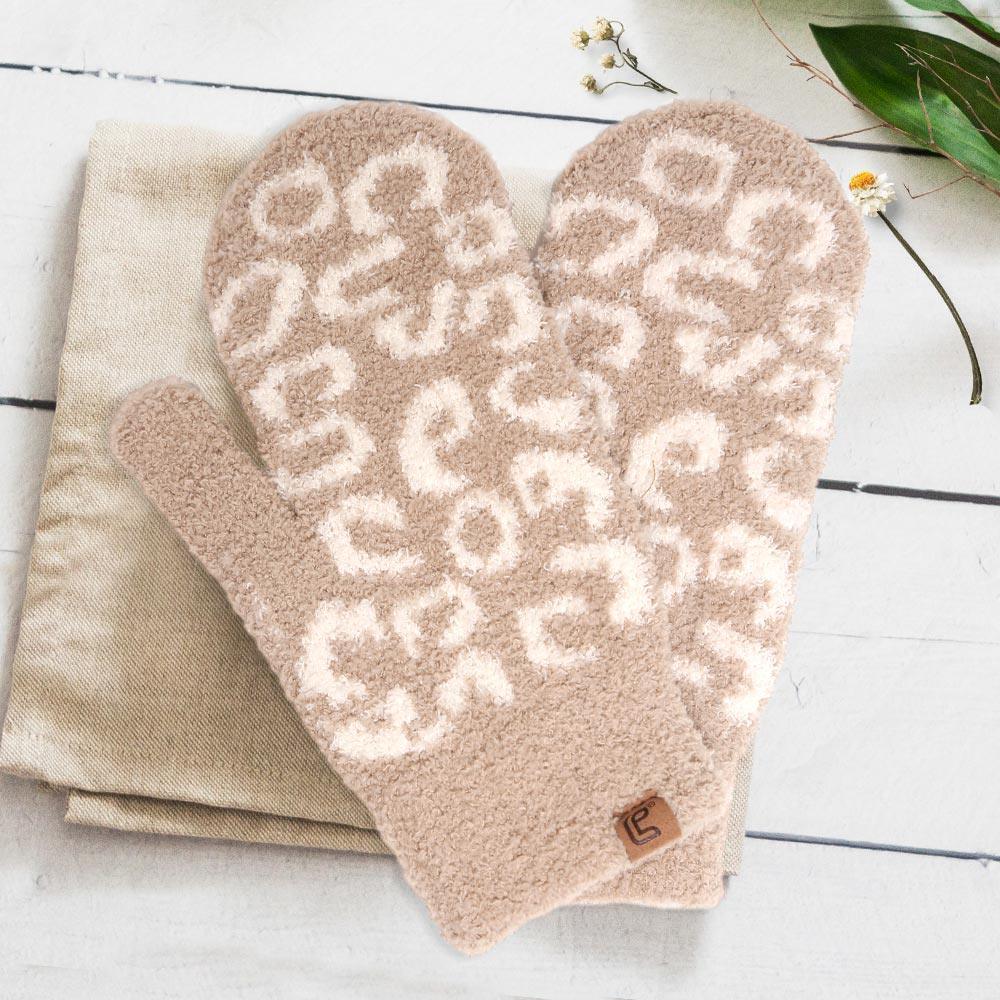 Beige Soft Fuzzy Leopard Mitten Gloves - Jewelry Store by Erik Rayo