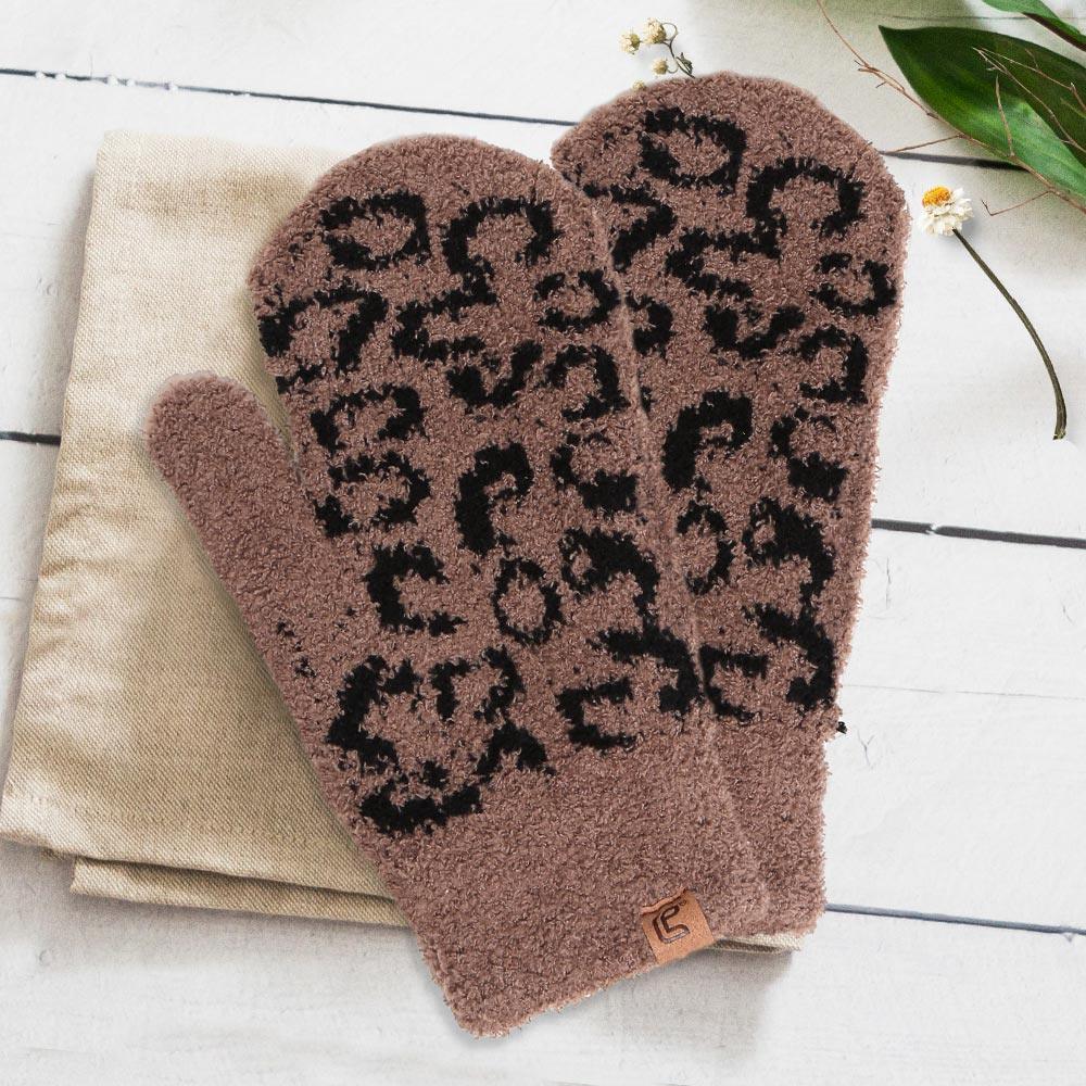 Brown Soft Fuzzy Leopard Mitten Gloves - Jewelry Store by Erik Rayo