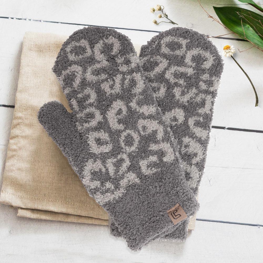 Gray Soft Fuzzy Leopard Mitten Gloves - Jewelry Store by Erik Rayo