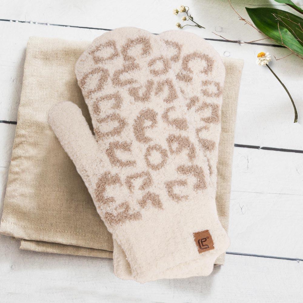 Beige Soft Fuzzy Leopard Mitten Gloves - Jewelry Store by Erik Rayo